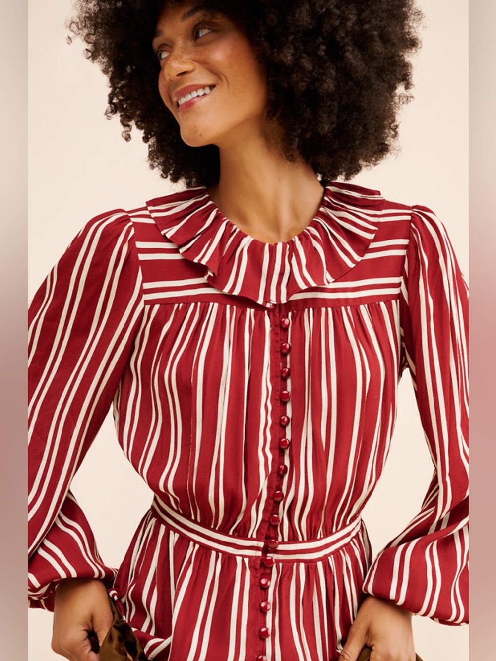 Plenty by T.R. Burgundy Striped Victorian Balloon  Sleeve Buttoned Blouse Size L